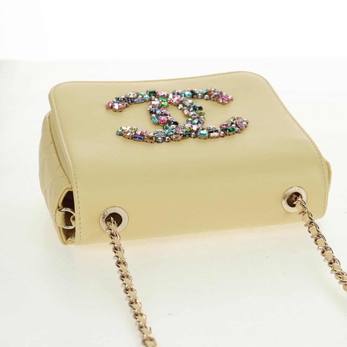 CHANEL Matelasse Chain Shoulder Bag Lamb Skin Yellow Gold CC Auth BA10556SM