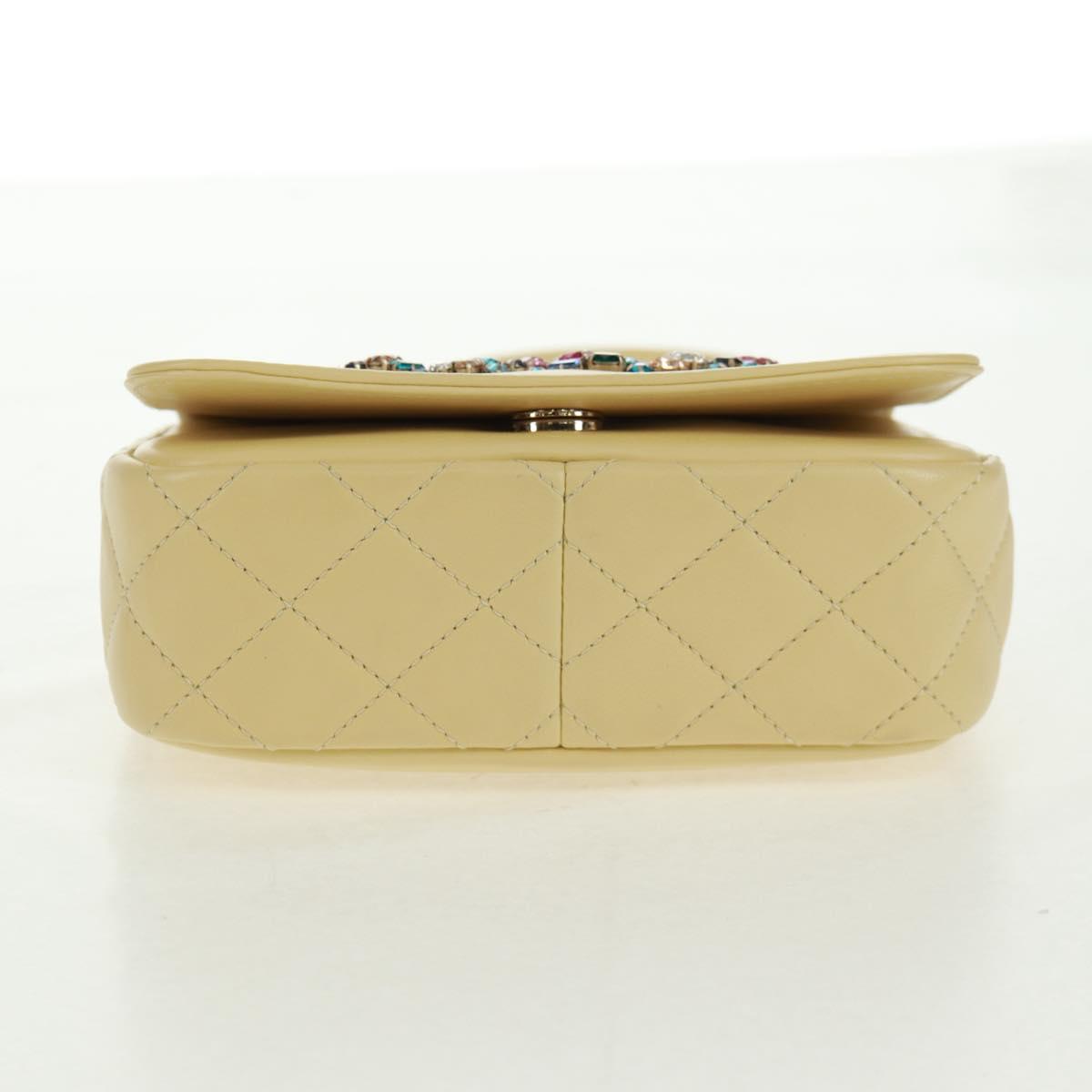 CHANEL Matelasse Chain Shoulder Bag Lamb Skin Yellow Gold CC Auth BA10556SM
