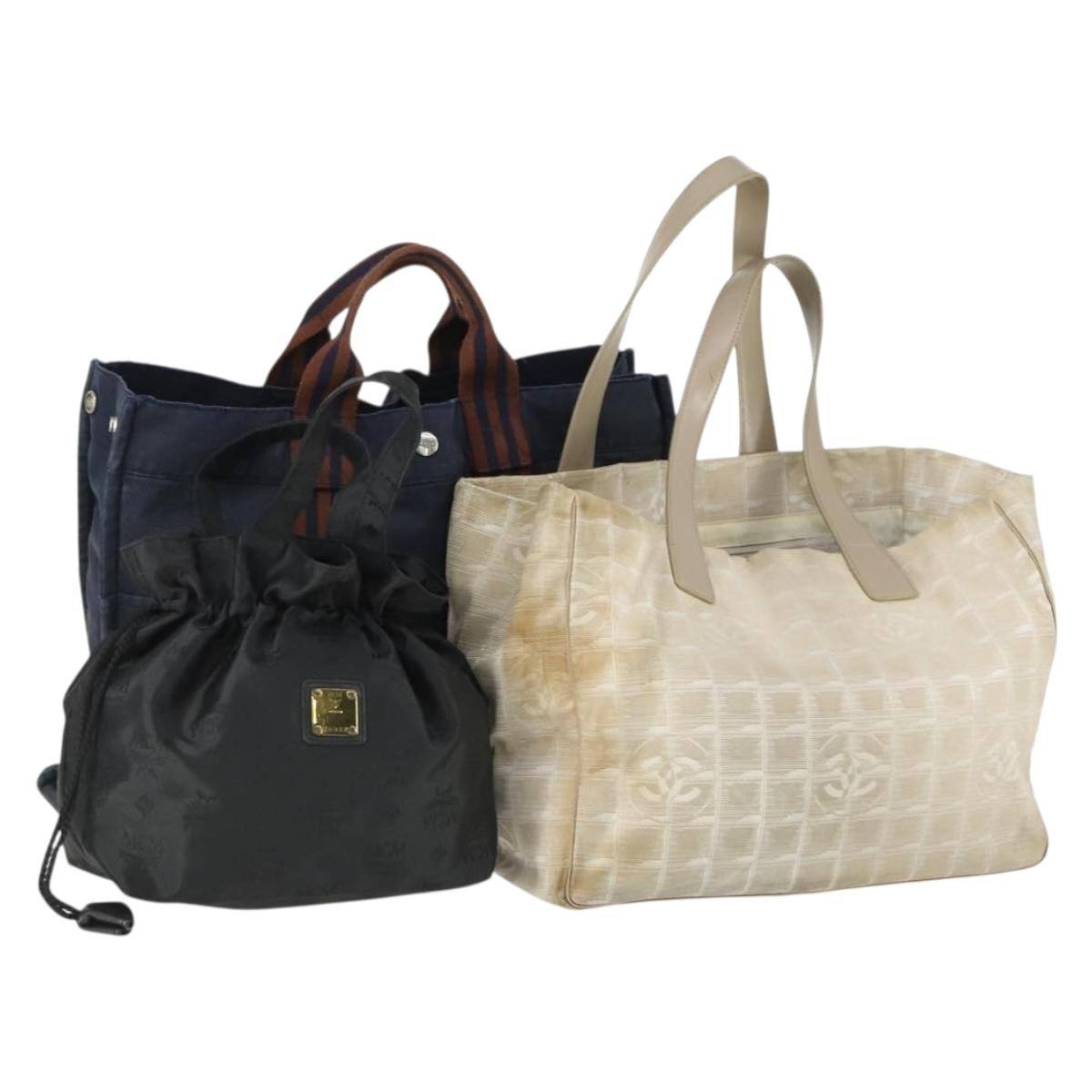 MCM Chanel Hermes Tote Bag Canvas 3 Set Beige Black Navy Auth BA10583