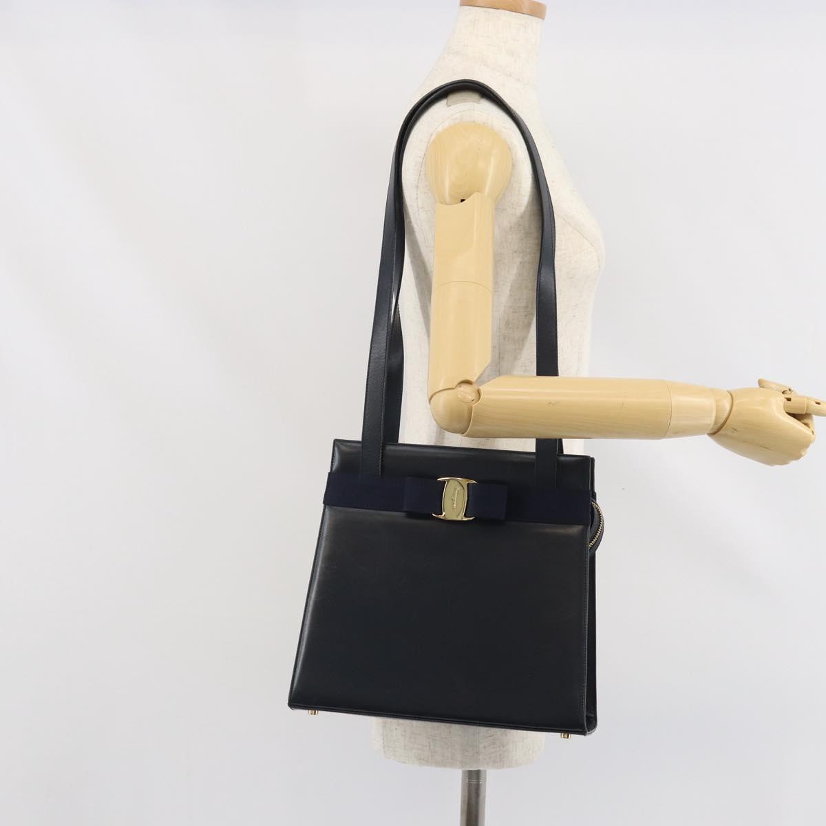 Salvatore Ferragamo Vara Ribbon Shoulder Bag Leather Navy Gold Auth BA10602