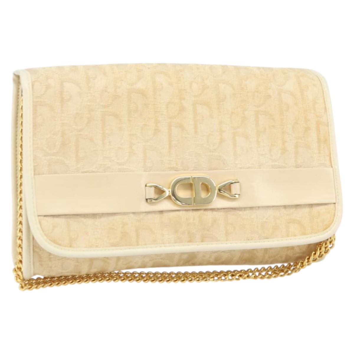 Christian Dior Trotter Canvas Chain Shoulder Bag Ivory Gold Auth BA10605