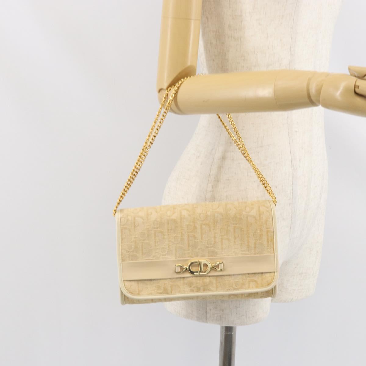Christian Dior Trotter Canvas Chain Shoulder Bag Ivory Gold Auth BA10605