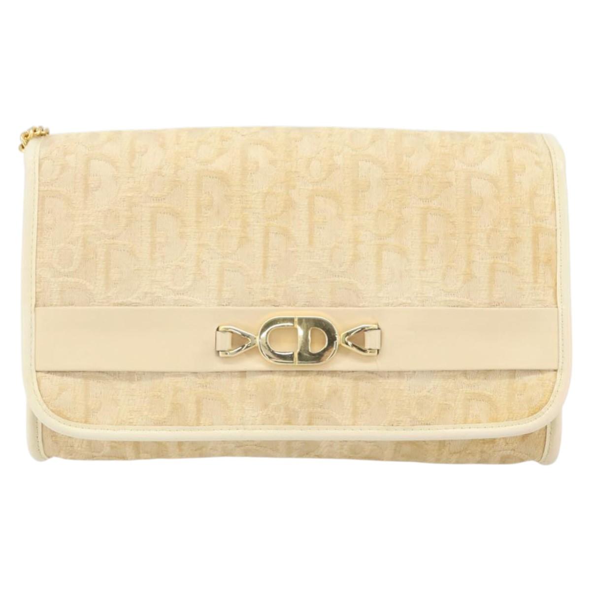 Christian Dior Trotter Canvas Chain Shoulder Bag Ivory Gold Auth BA10605