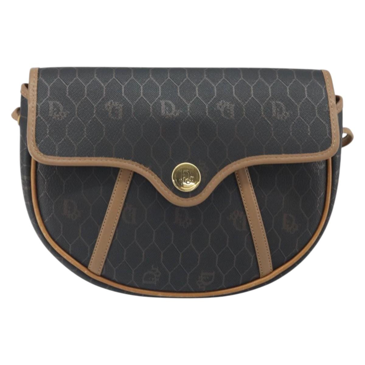 Christian Dior Honeycomb Canvas Shoulder Bag PVC Black Gold Auth BA10631