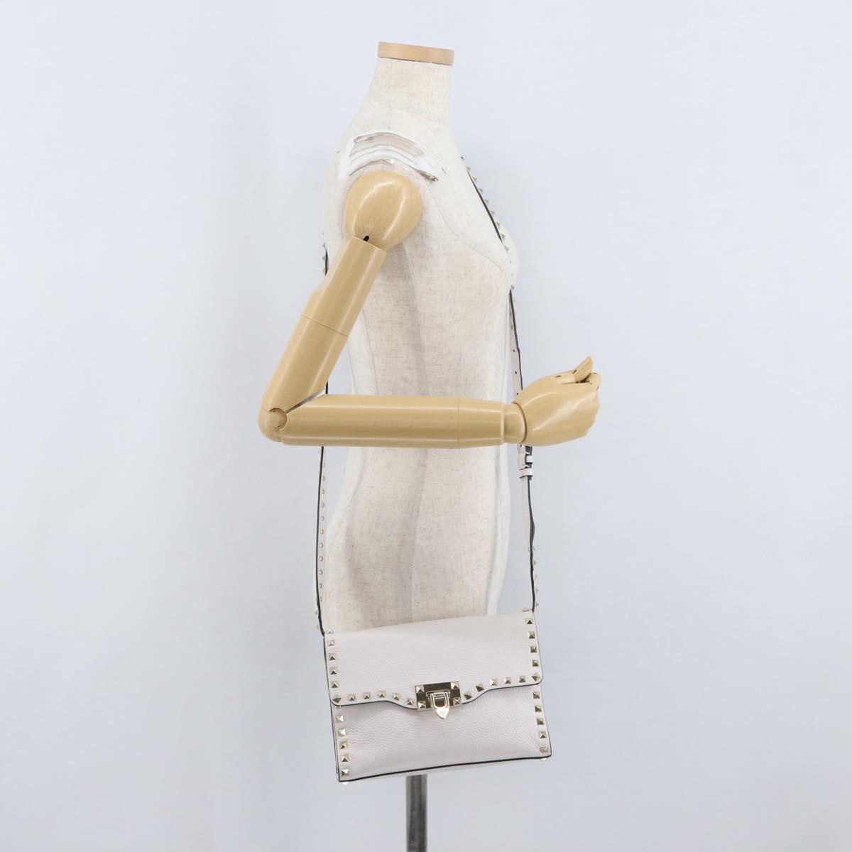 VALENTINO Shoulder Bag Leather White Gold Auth BA10633