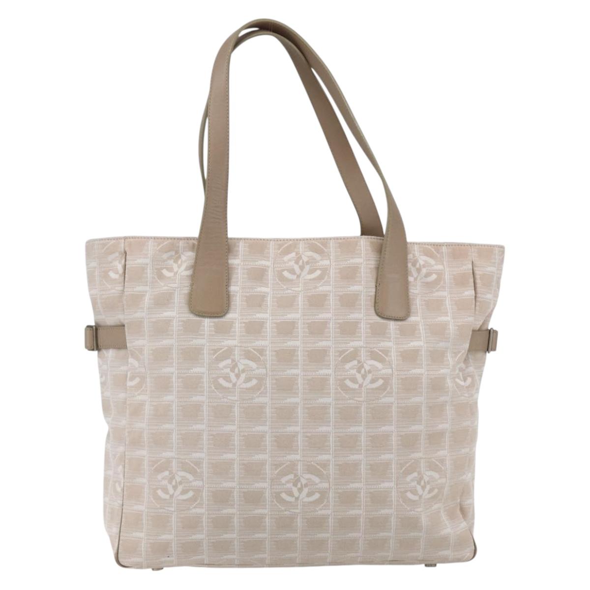 CHANEL New Travel Line Tote Bag Nylon Beige Silver CC Auth BA10644