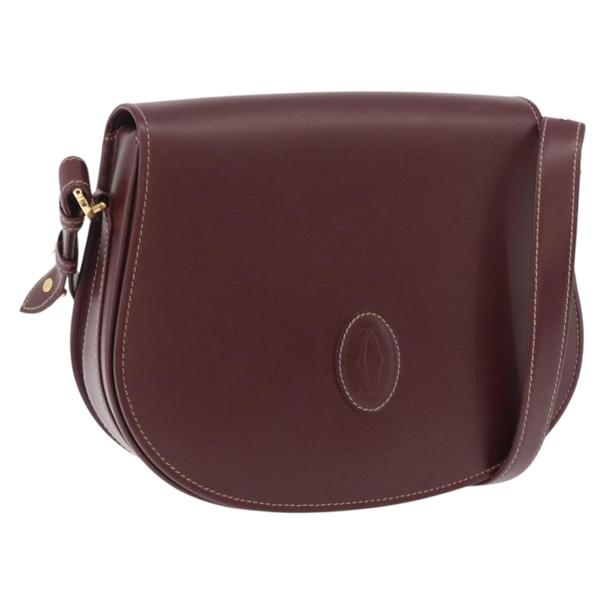 CARTIER Must Line Shoulder Bag Leather Bordeaux Gold Auth BA10646
