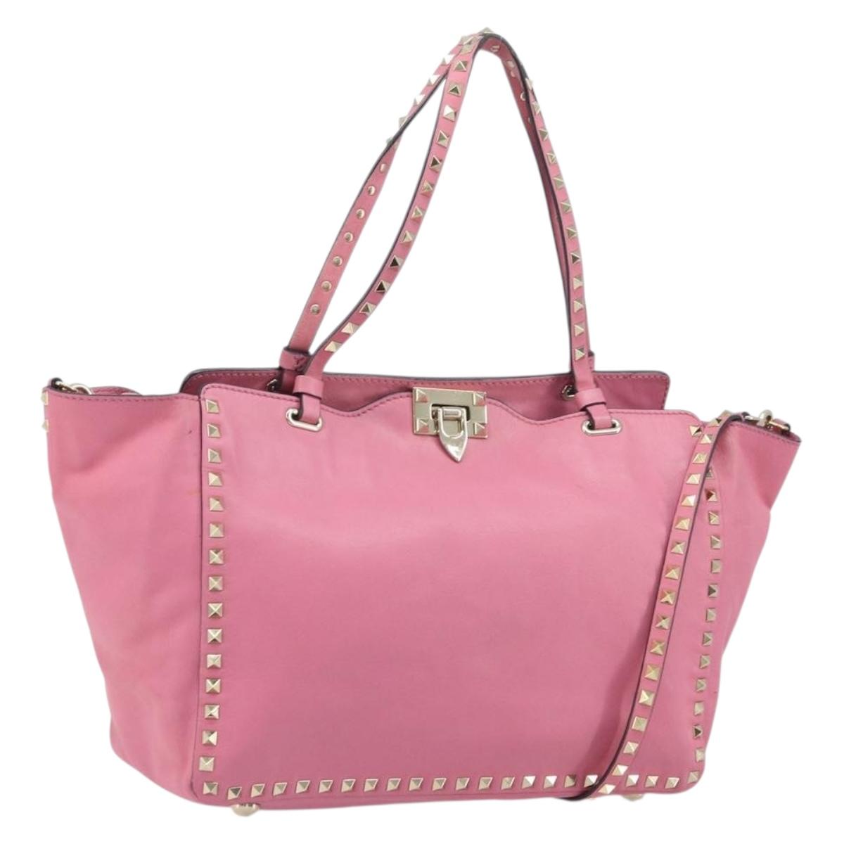 VALENTINO Studs Tote Bag Leather 2way Pink Gold Auth BA10650