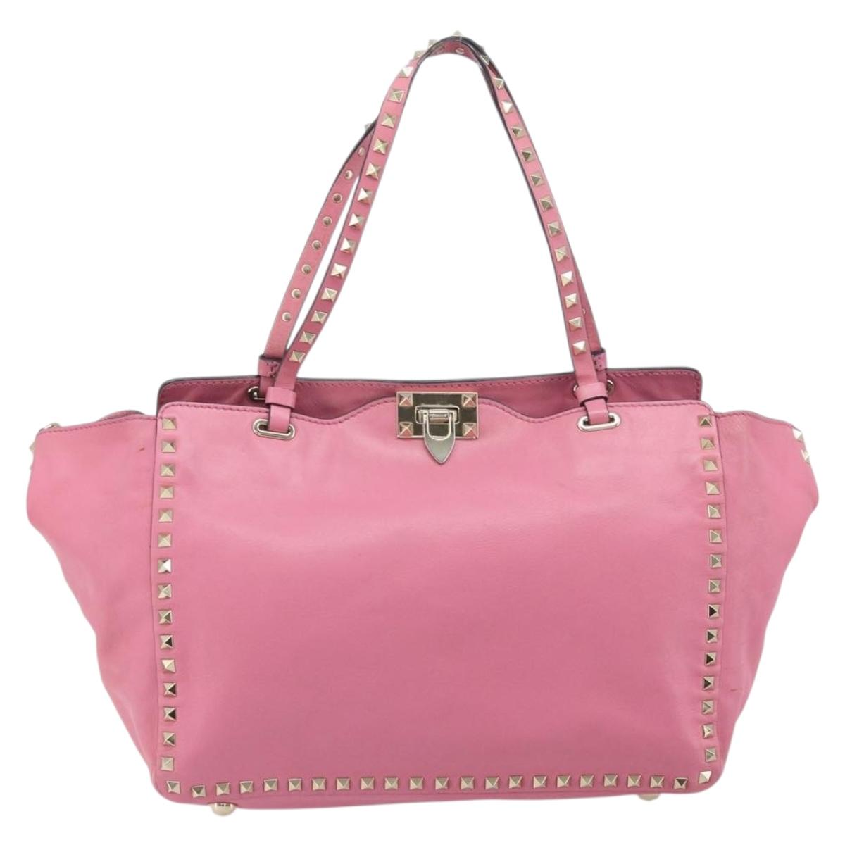 VALENTINO Studs Tote Bag Leather 2way Pink Gold Auth BA10650