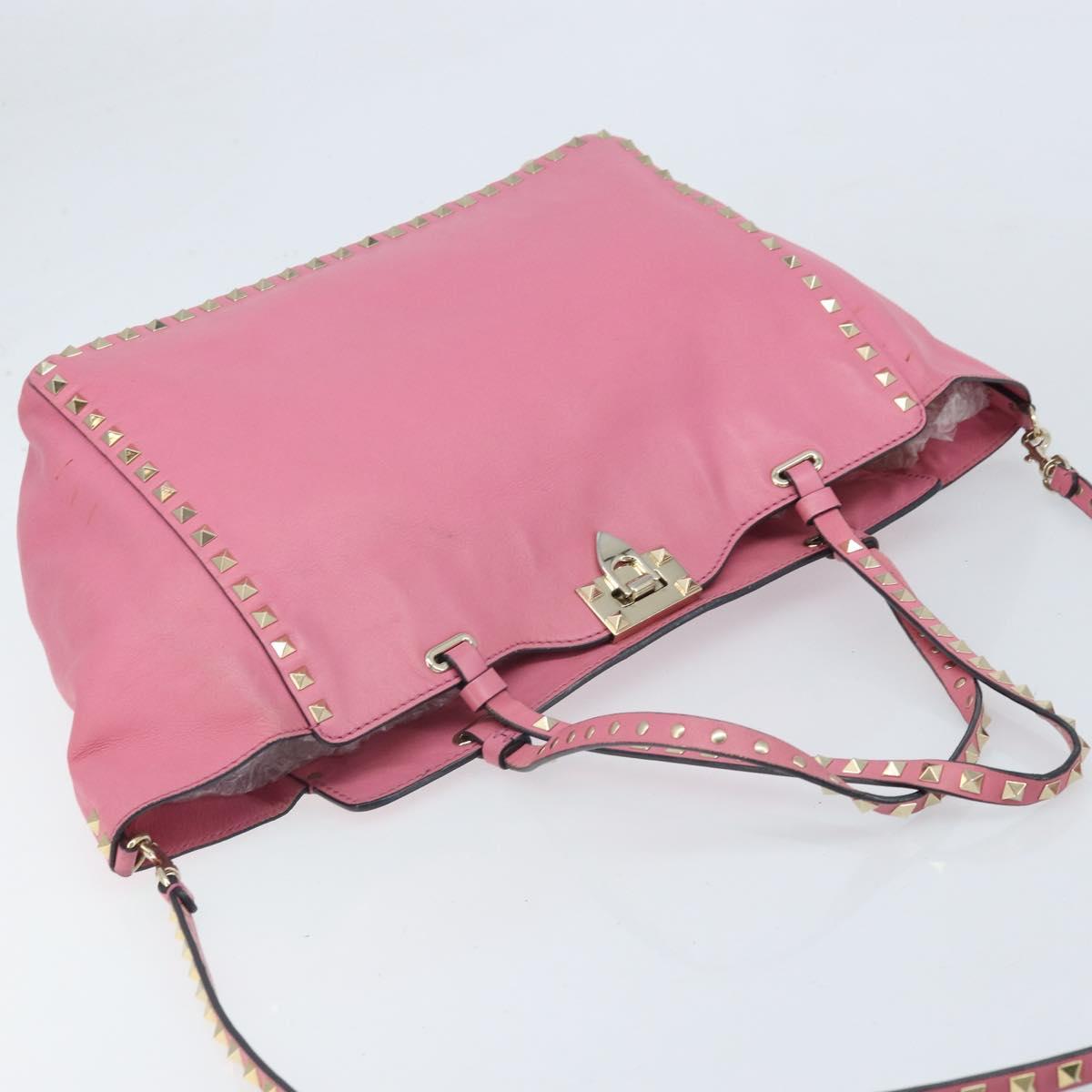 VALENTINO Studs Tote Bag Leather 2way Pink Gold Auth BA10650