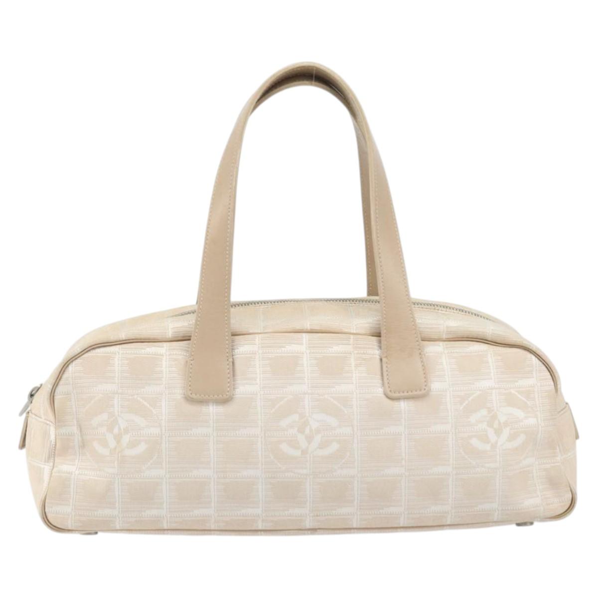 CHANEL New Travel Line Hand Bag Nylon Beige Gold CC Auth BA10651