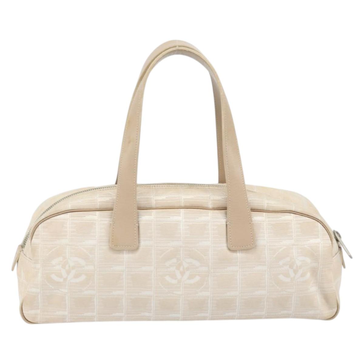 CHANEL New Travel Line Hand Bag Nylon Beige Gold CC Auth BA10651