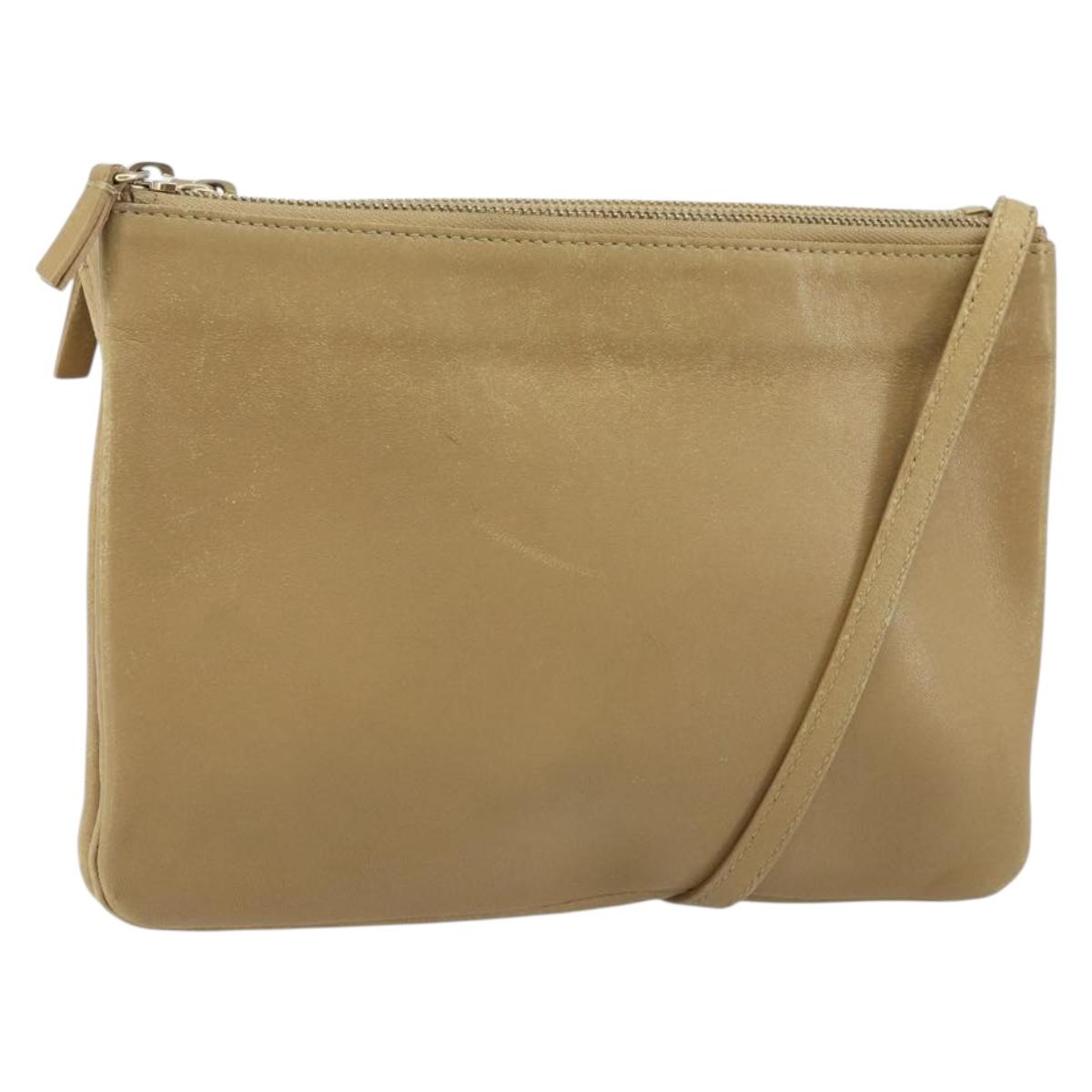 CELINE Trio Shoulder Bag Leather Beige Gold Auth BA10653