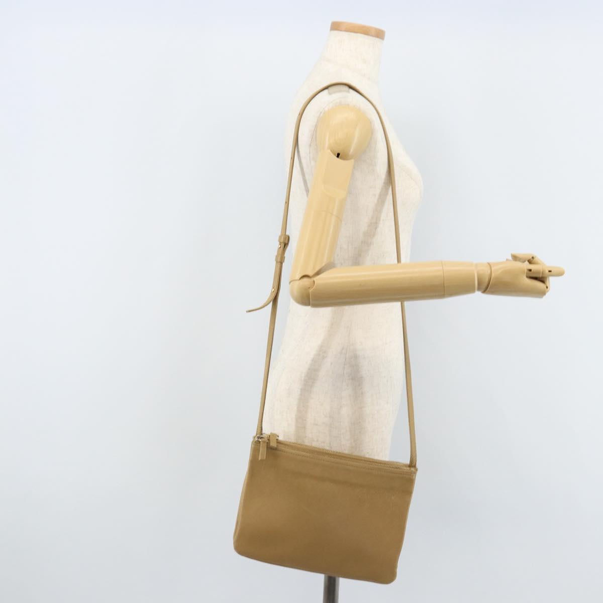 CELINE Trio Shoulder Bag Leather Beige Gold Auth BA10653