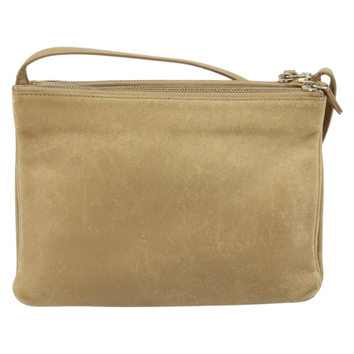 CELINE Trio Shoulder Bag Leather Beige Gold Auth BA10653