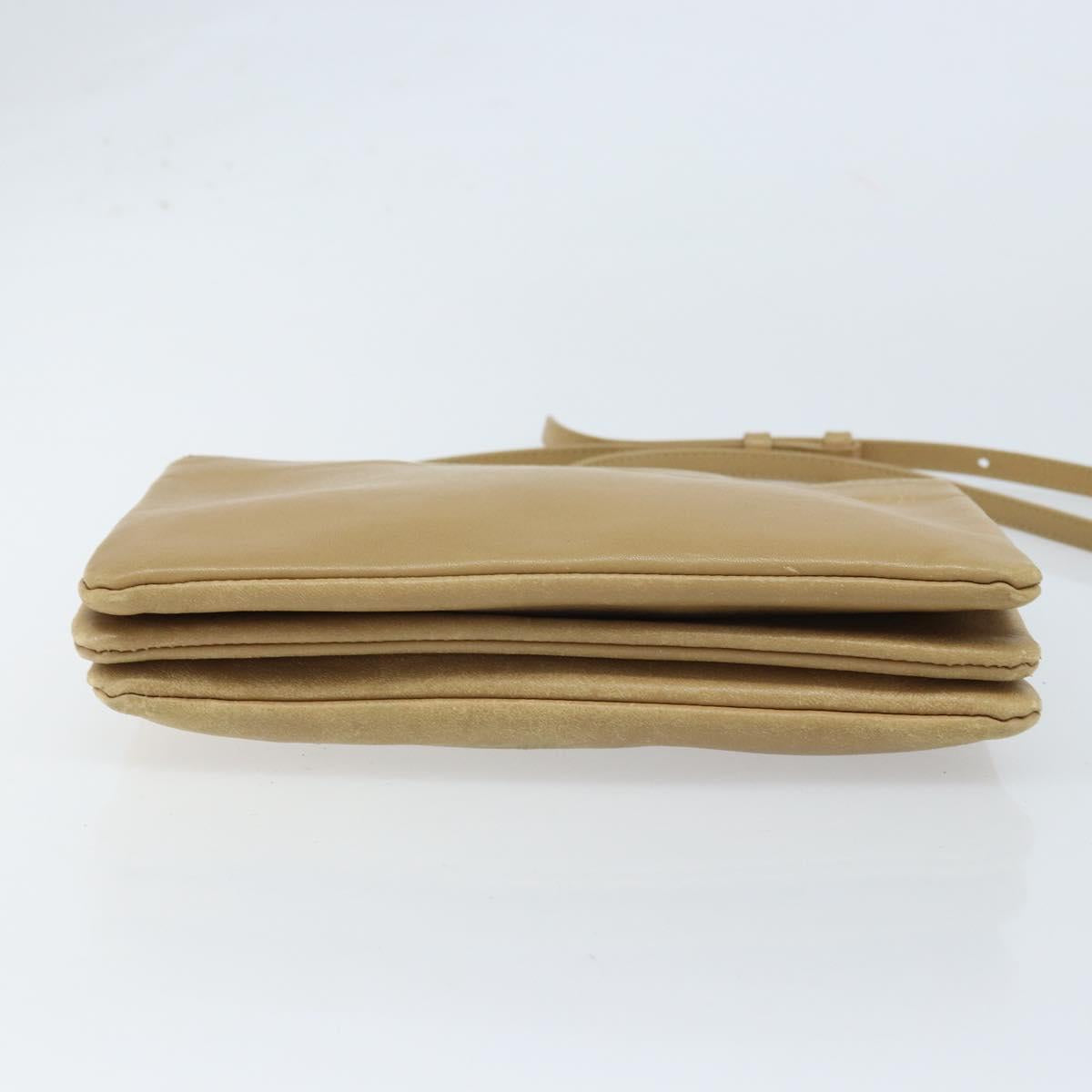 CELINE Trio Shoulder Bag Leather Beige Gold Auth BA10653