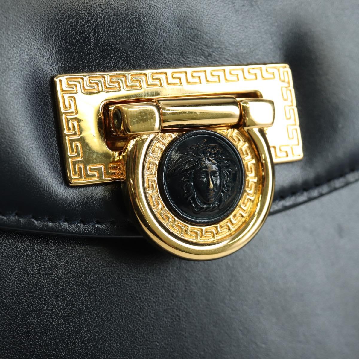 Gianni Versace Shoulder Bag Leather Navy Gold Auth BA10657V