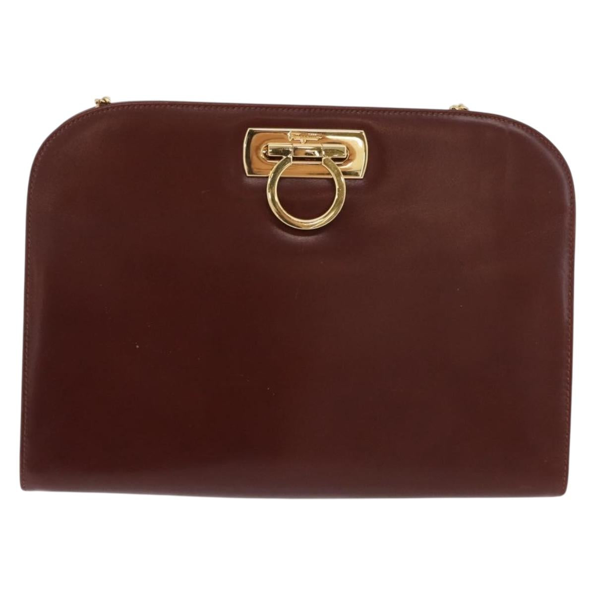 Salvatore Ferragamo Gancini Chain Shoulder Bag Leather Brown Gold Auth BA10665
