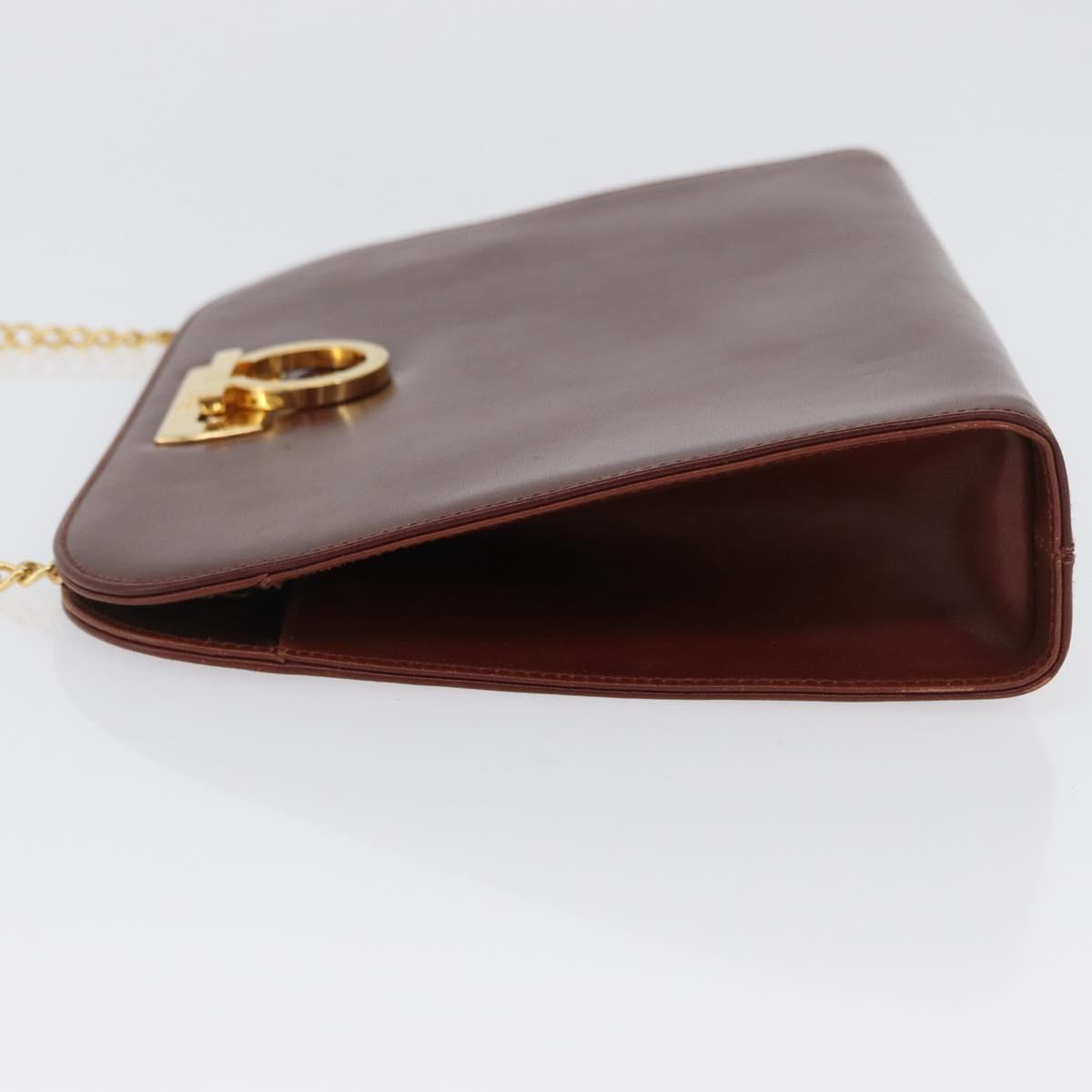 Salvatore Ferragamo Gancini Chain Shoulder Bag Leather Brown Gold Auth BA10665