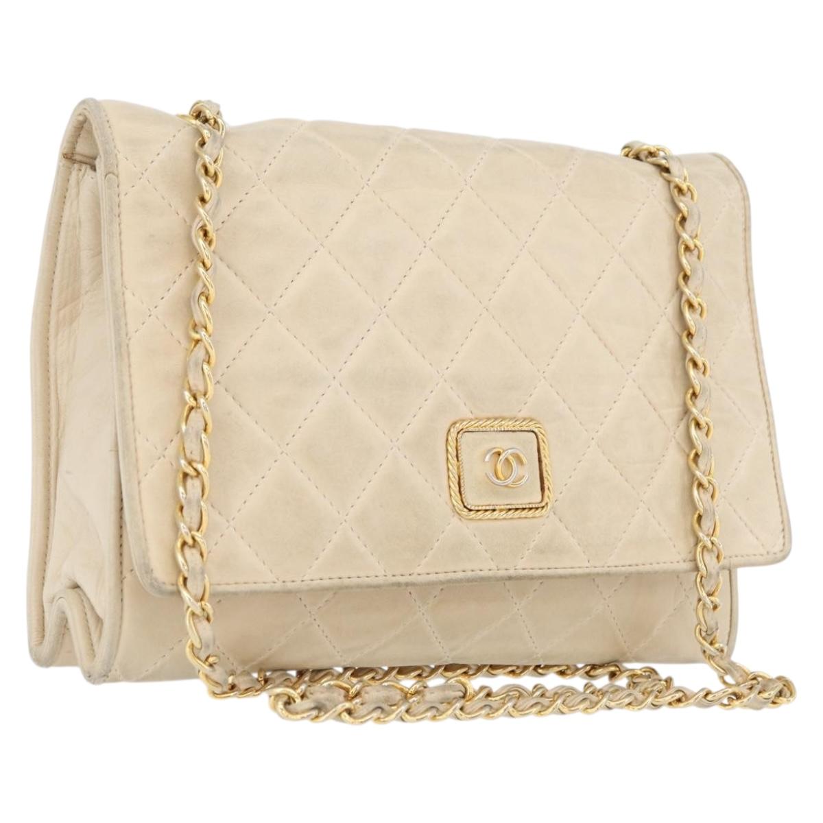 CHANEL Matelasse Chain Shoulder Bag Lamb Skin Beige Gold CC Auth BA10672