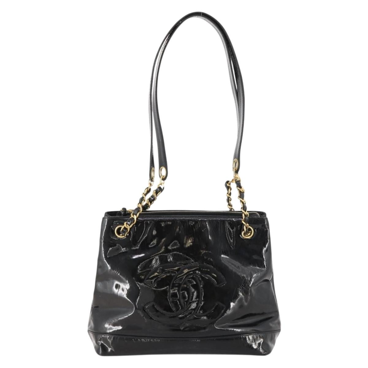 CHANEL Chain Shoulder Bag Patent leather Black Gold CC Auth BA10725