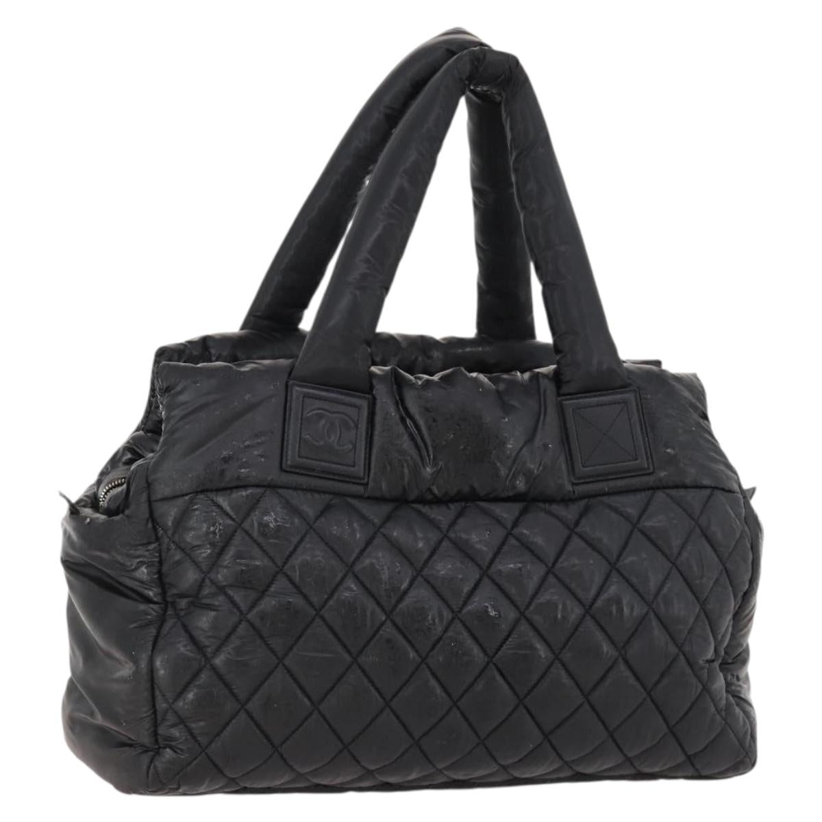 CHANEL Hand Bag Nylon Black Silver CC Auth BA10726