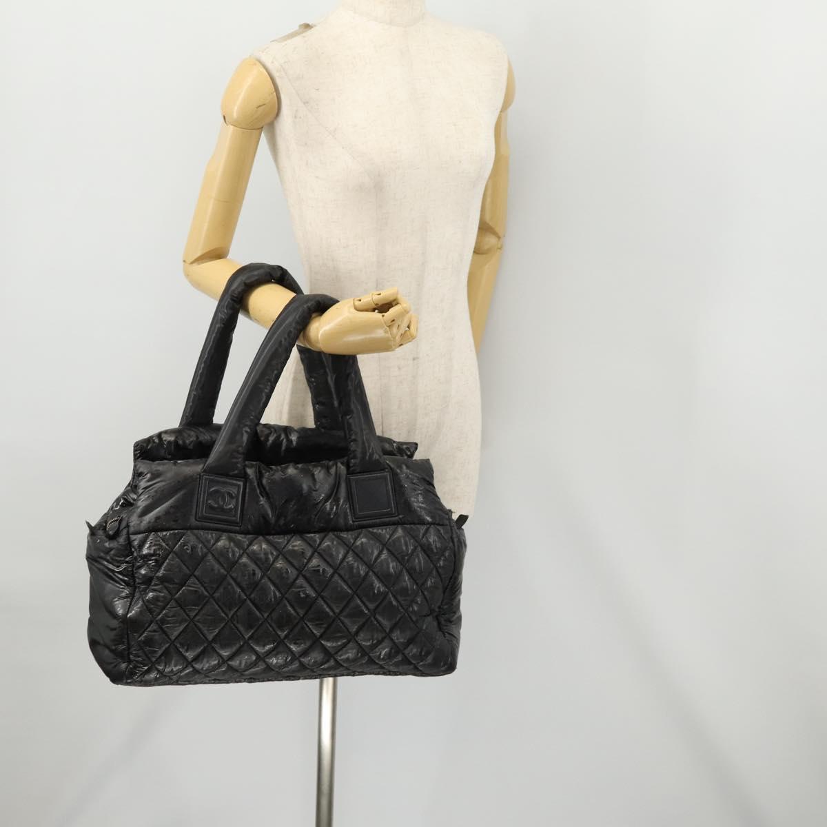 CHANEL Hand Bag Nylon Black Silver CC Auth BA10726