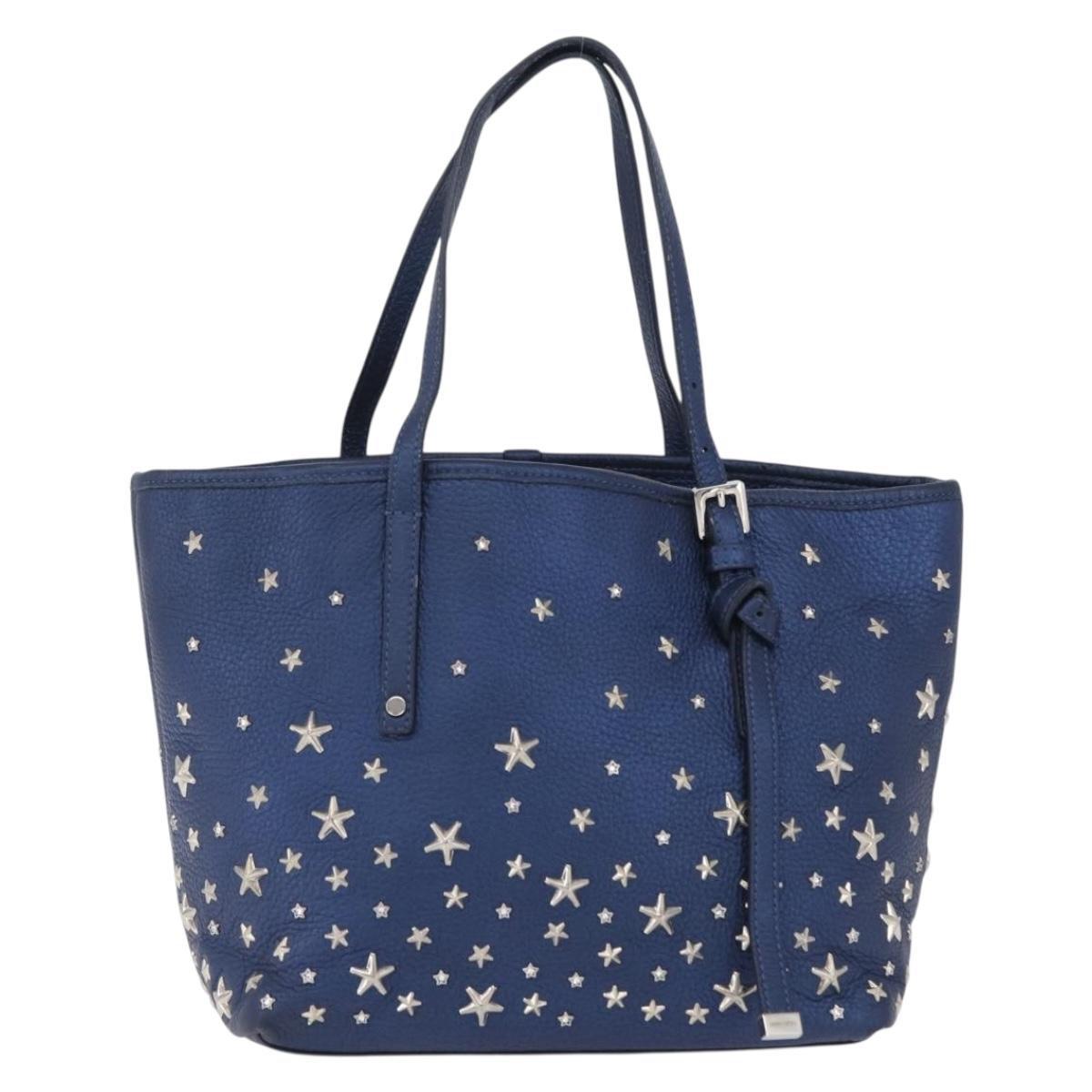 Jimmy Choo Tote Bag Leather Blue Silver Auth BA10728