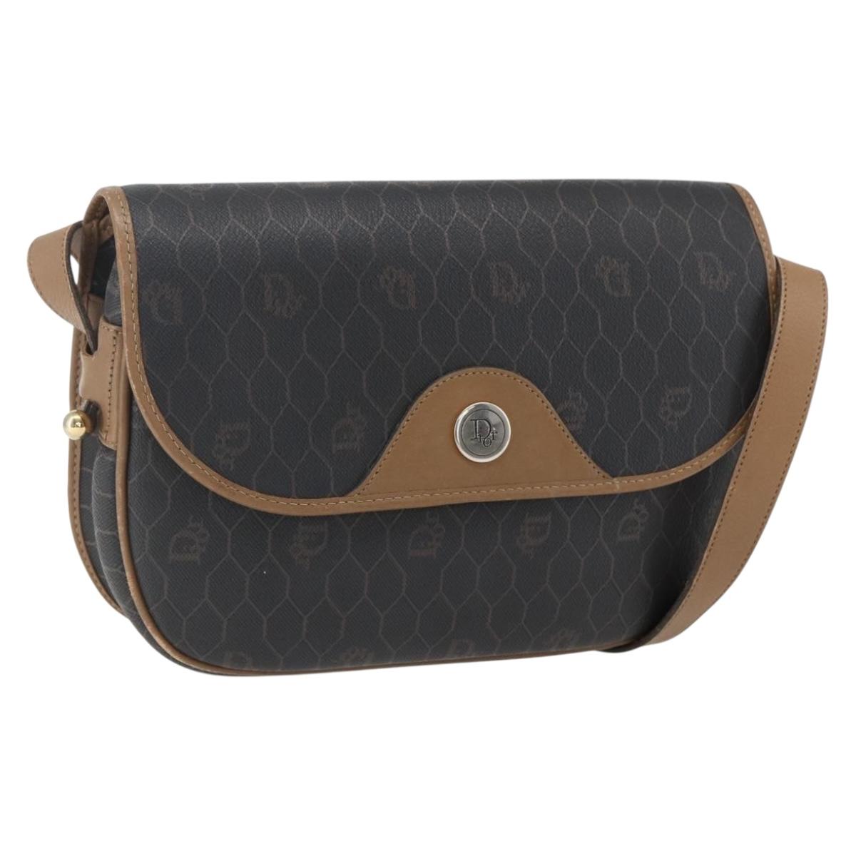 Christian Dior Honeycomb Canvas Shoulder Bag PVC Black Gold Auth BA10729