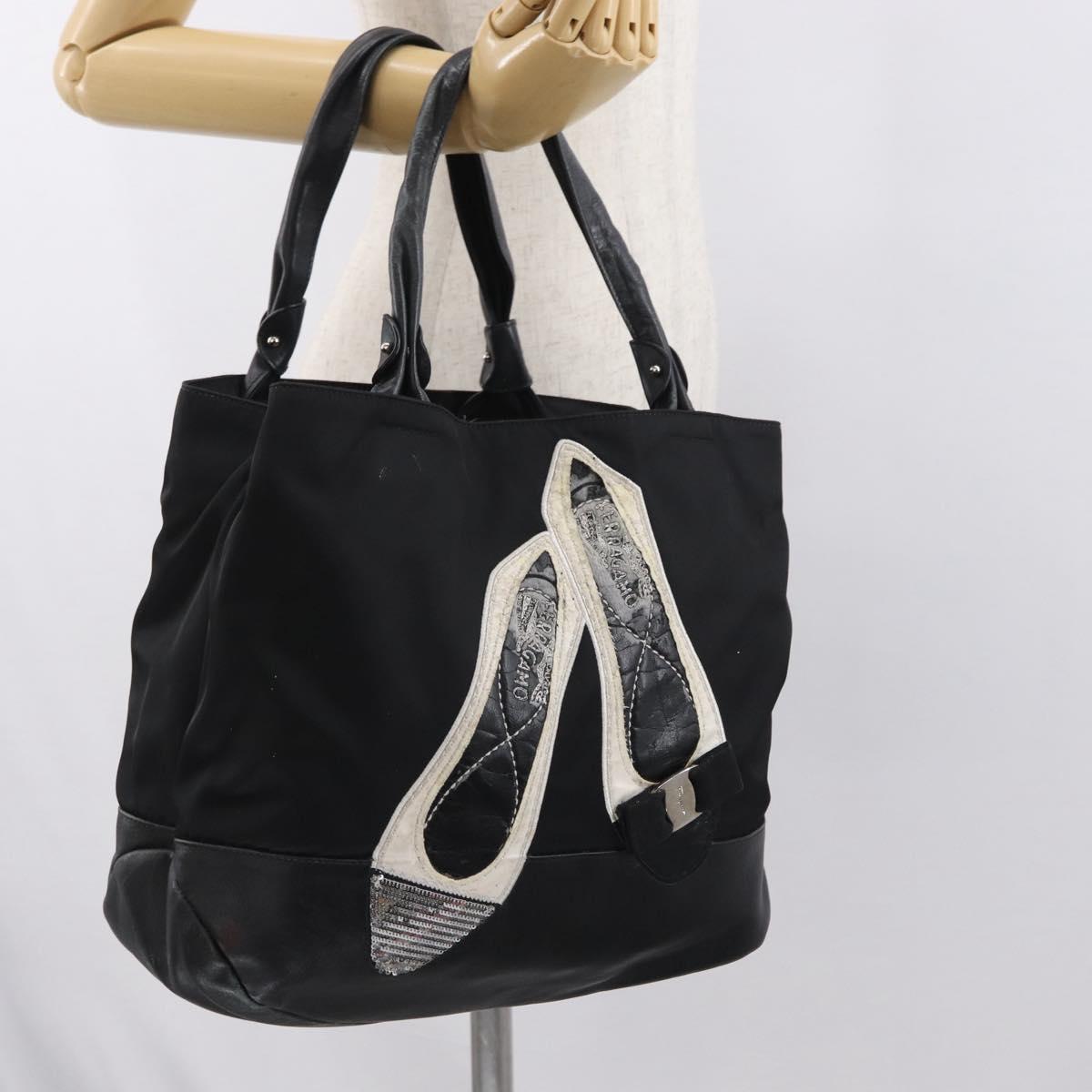 Salvatore Ferragamo Vala Tote Bag Nylon Black Silver Auth BA10741