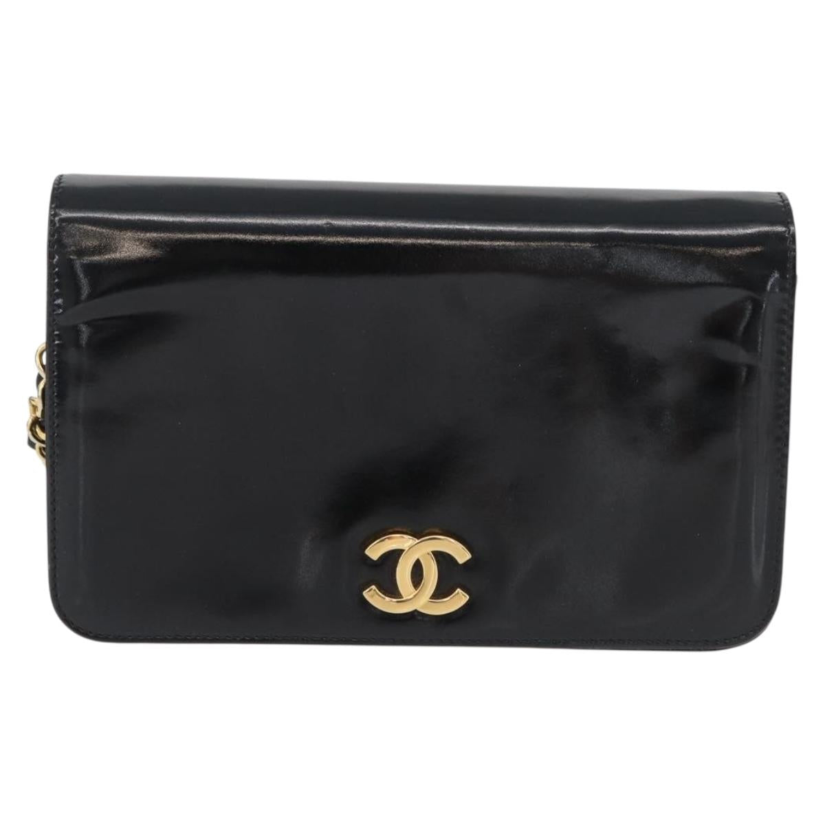 CHANEL Chain Shoulder Bag Patent leather Black Gold CC Auth BA10760