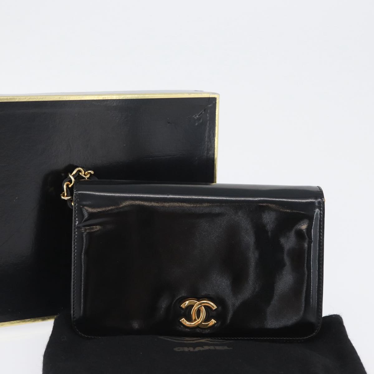CHANEL Chain Shoulder Bag Patent leather Black Gold CC Auth BA10760