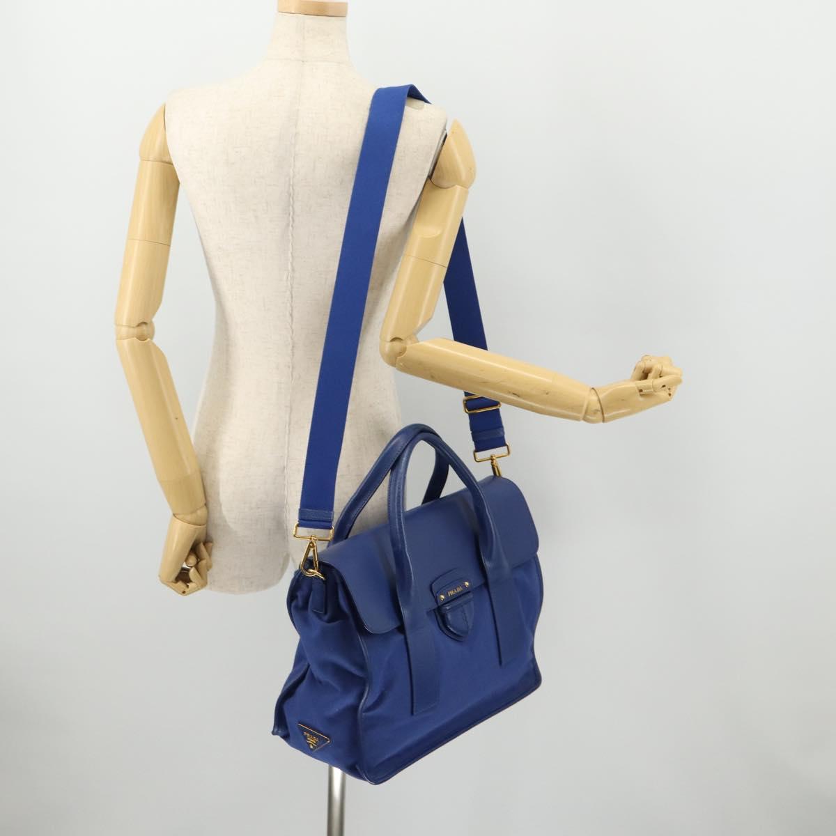 PRADA Hand Bag Leather Canvas 2way Blue Gold Auth BA10762