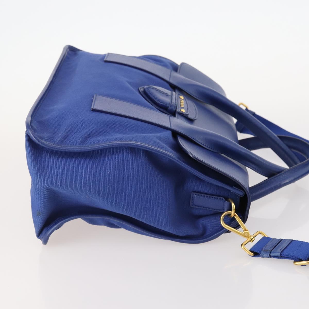 PRADA Hand Bag Leather Canvas 2way Blue Gold Auth BA10762