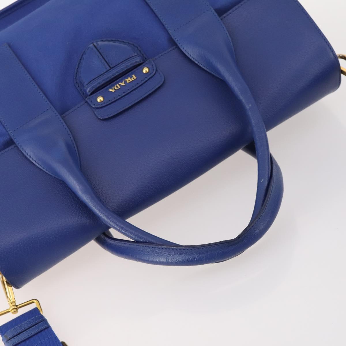 PRADA Hand Bag Leather Canvas 2way Blue Gold Auth BA10762