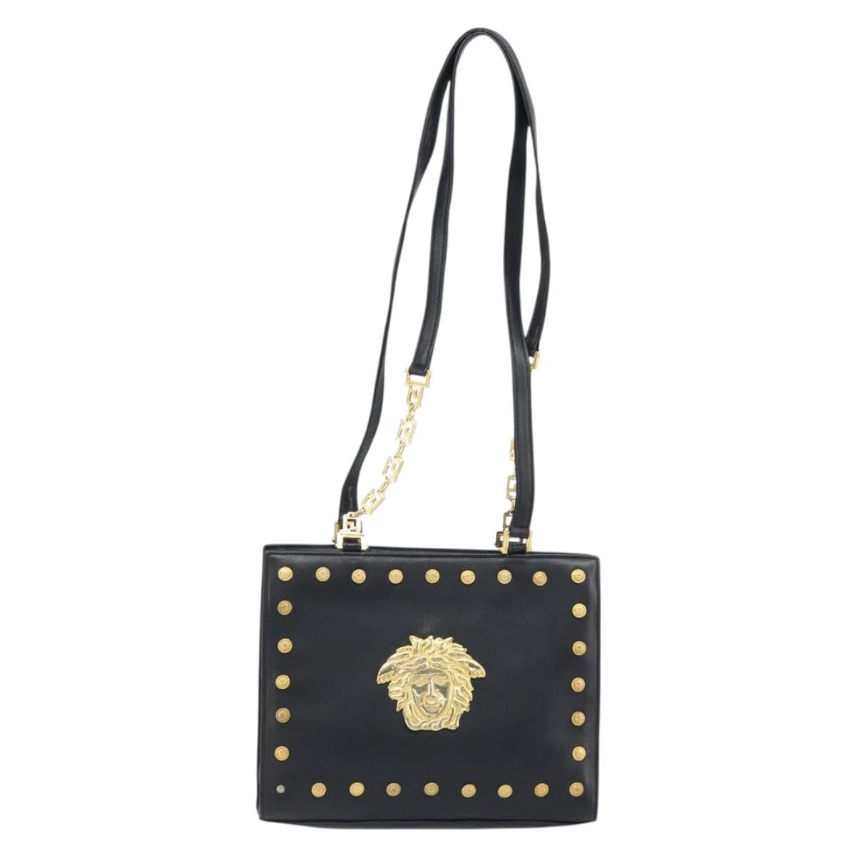 Gianni Versace Shoulder Bag Leather Black Gold Auth BA10801
