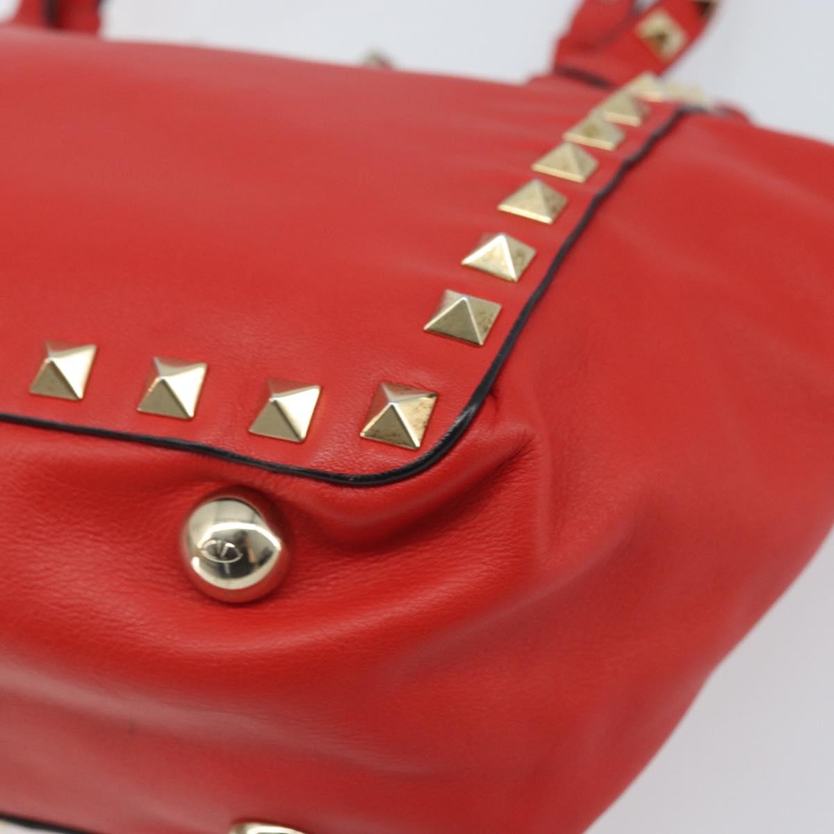 VALENTINO Rock studs Hand Bag Leather 2way Red Gold Auth BA10808