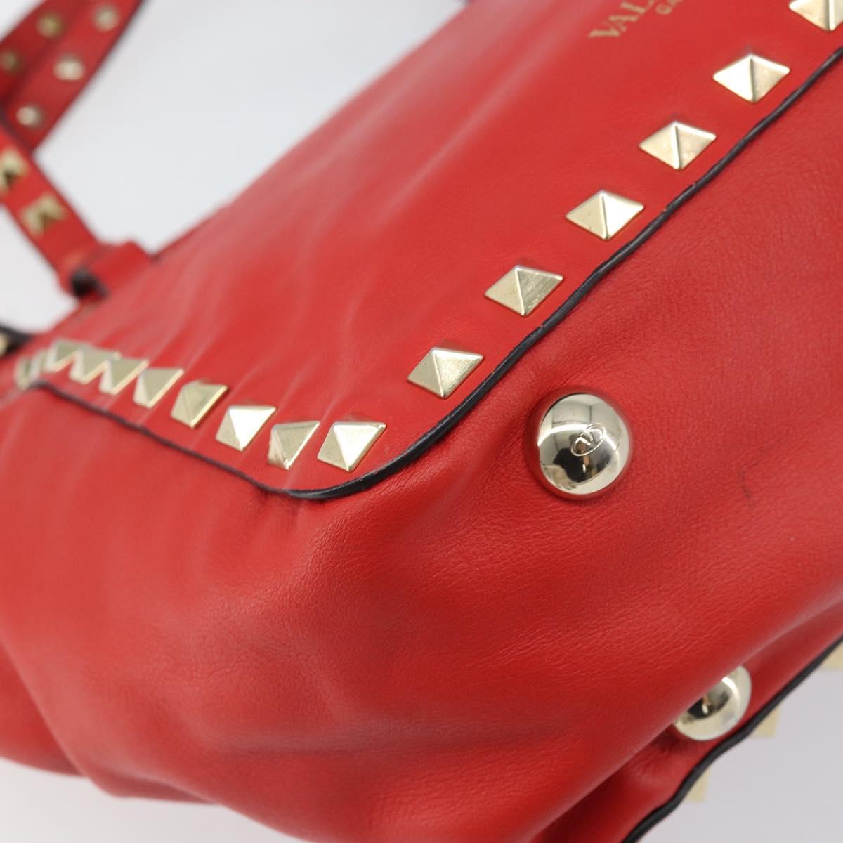 VALENTINO Rock studs Hand Bag Leather 2way Red Gold Auth BA10808