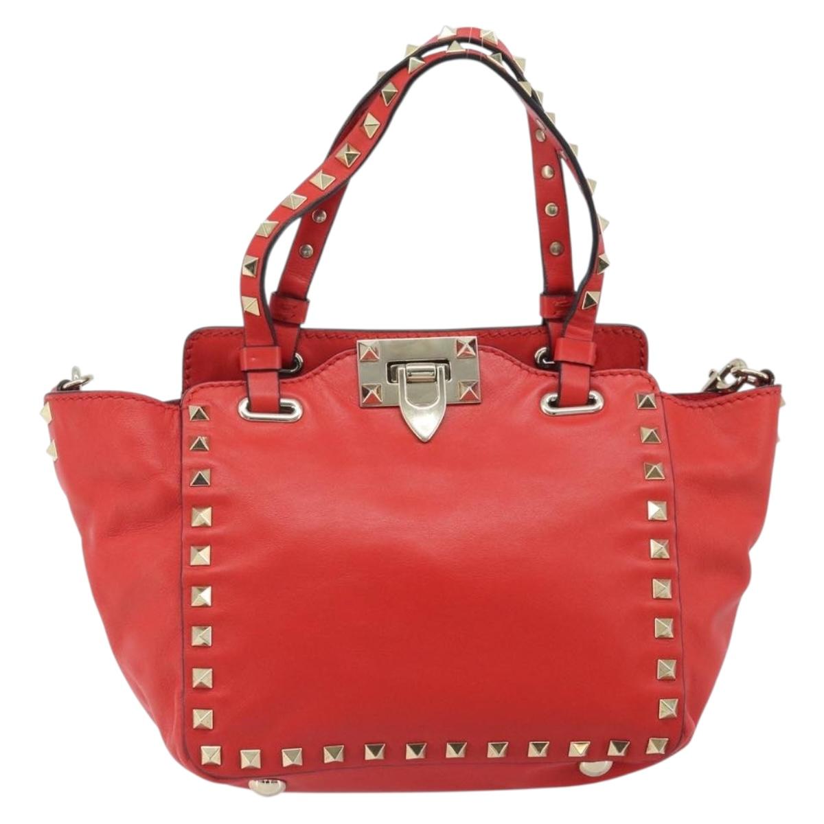 VALENTINO Rock studs Hand Bag Leather 2way Red Gold Auth BA10808