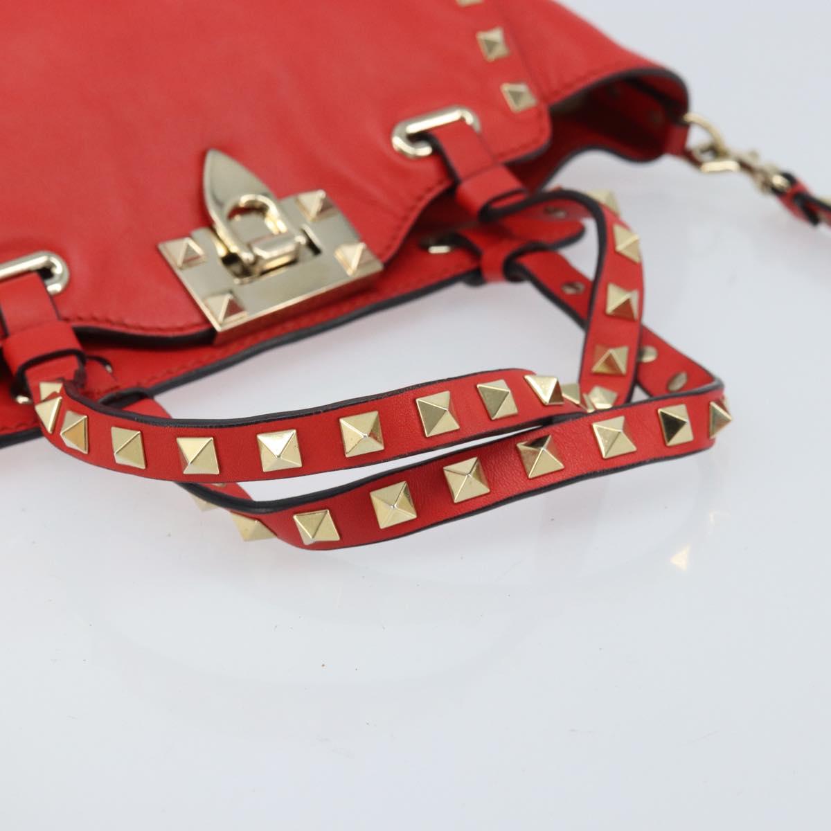 VALENTINO Rock studs Hand Bag Leather 2way Red Gold Auth BA10808