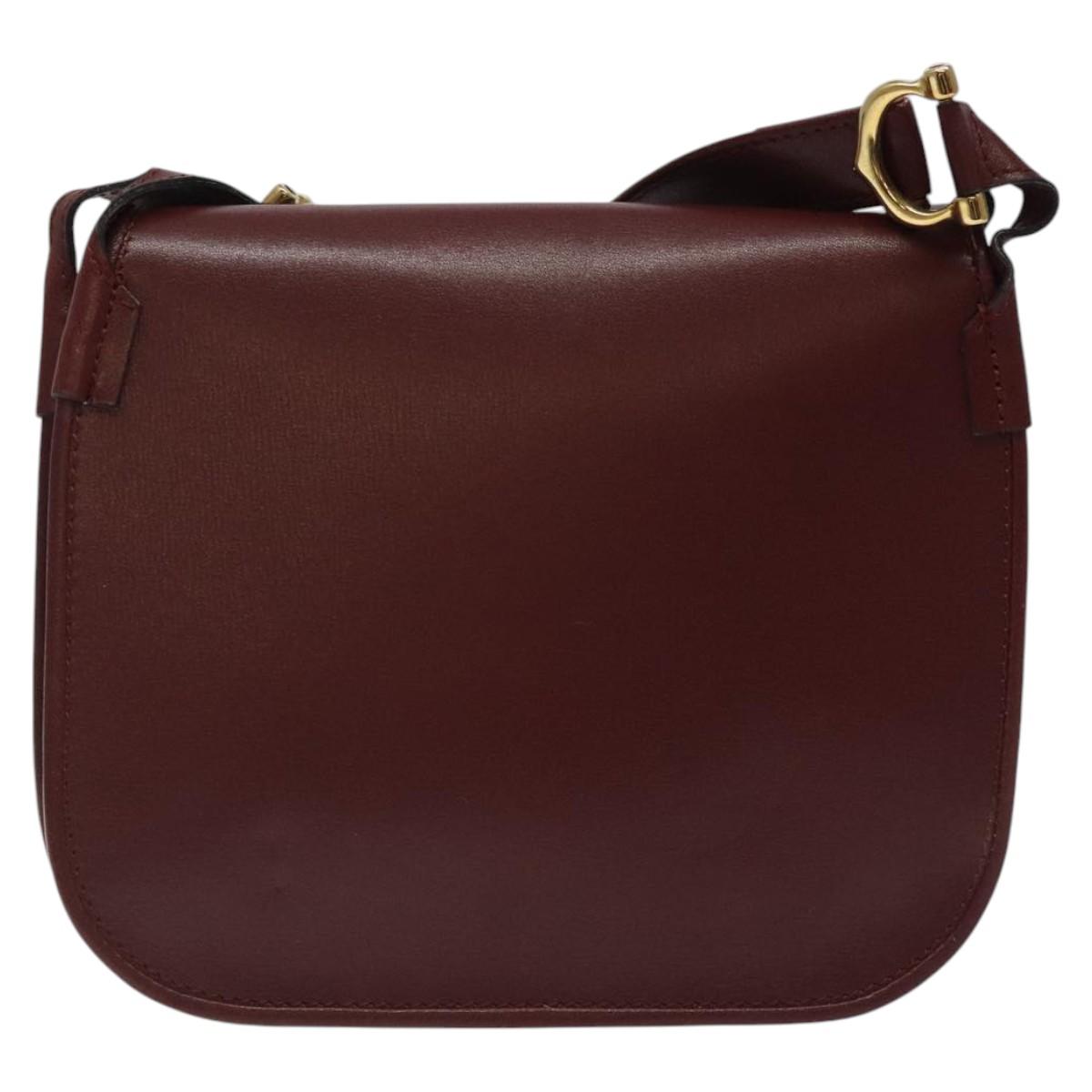 CARTIER Must Line Shoulder Bag Leather Wine Red Gold Auth BA1082