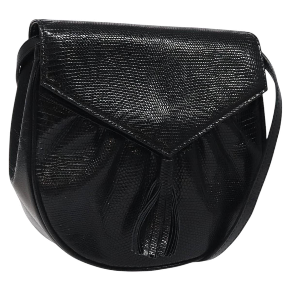 SAINT LAURENT Shoulder Bag Leather Embossed Black Gold Auth BA1084