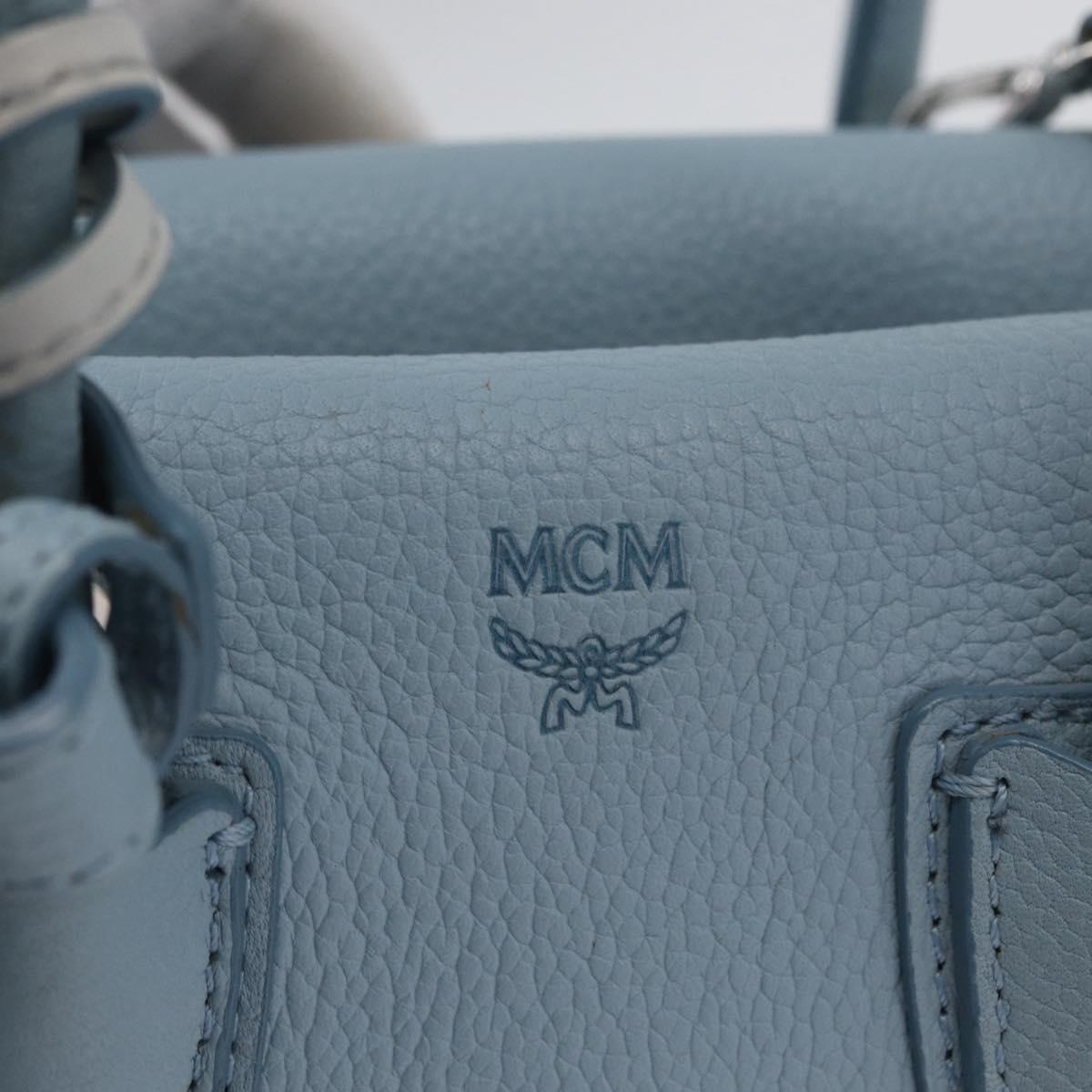MCM Hand Bag Leather 2way Light Blue Silver Auth BA10842V