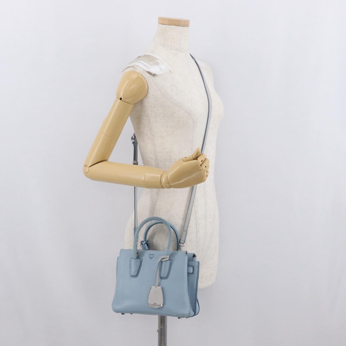 MCM Hand Bag Leather 2way Light Blue Silver Auth BA10842V