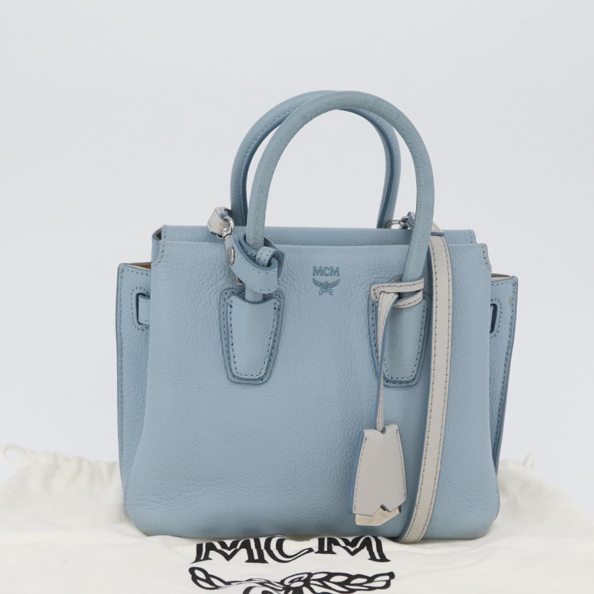 MCM Hand Bag Leather 2way Light Blue Silver Auth BA10842V
