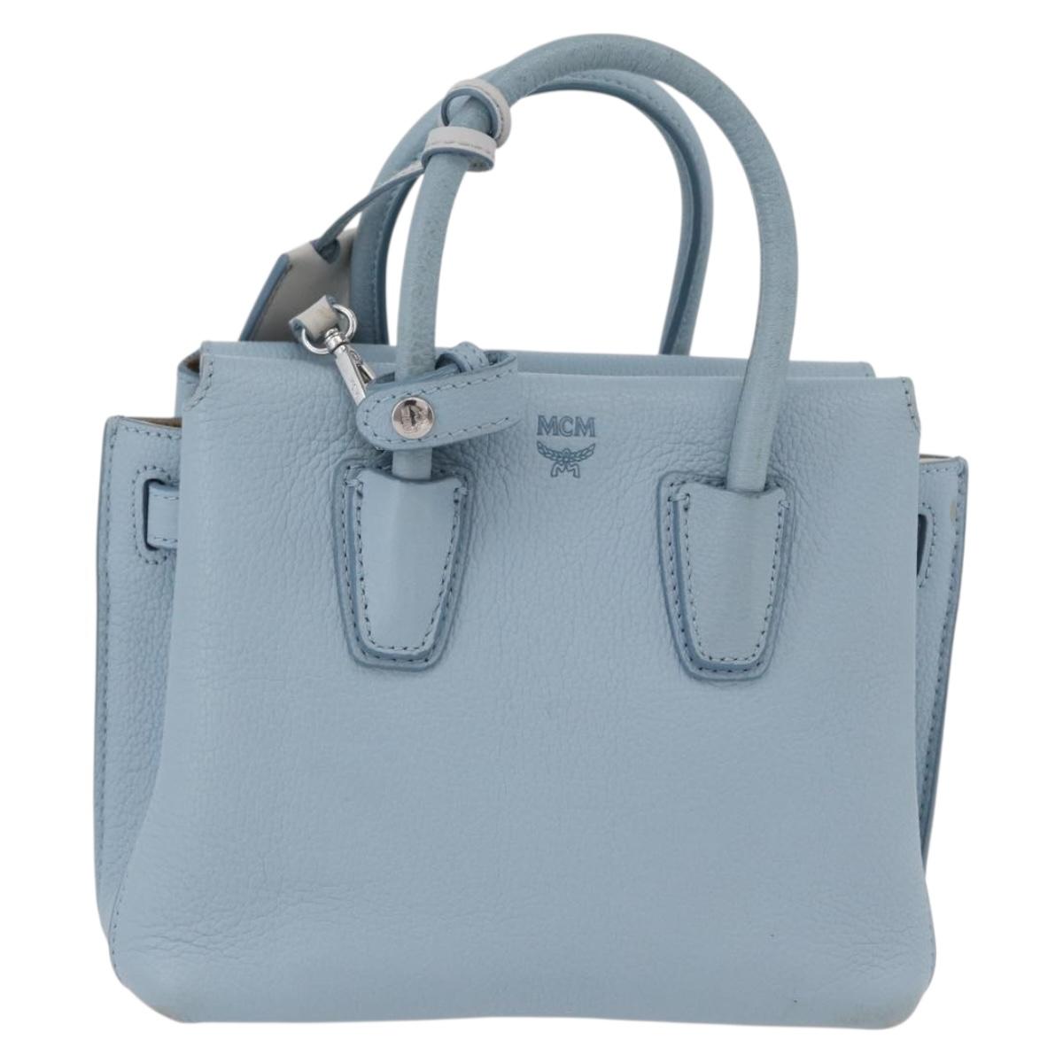 MCM Hand Bag Leather 2way Light Blue Silver Auth BA10842V