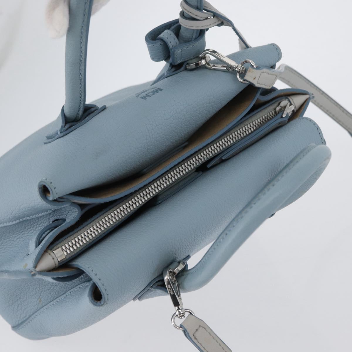 MCM Hand Bag Leather 2way Light Blue Silver Auth BA10842V