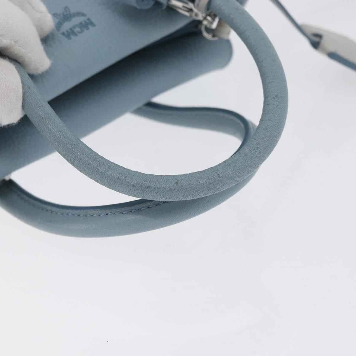 MCM Hand Bag Leather 2way Light Blue Silver Auth BA10842V