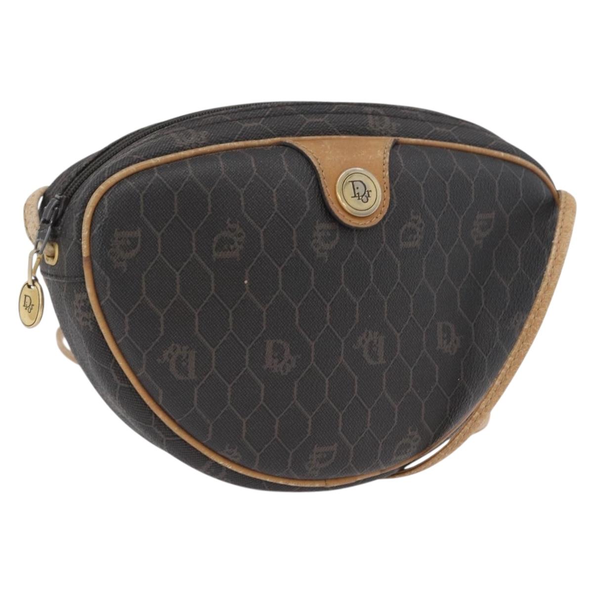 Christian Dior Honeycomb Canvas Shoulder Bag PVC Black Gold Auth BA10846