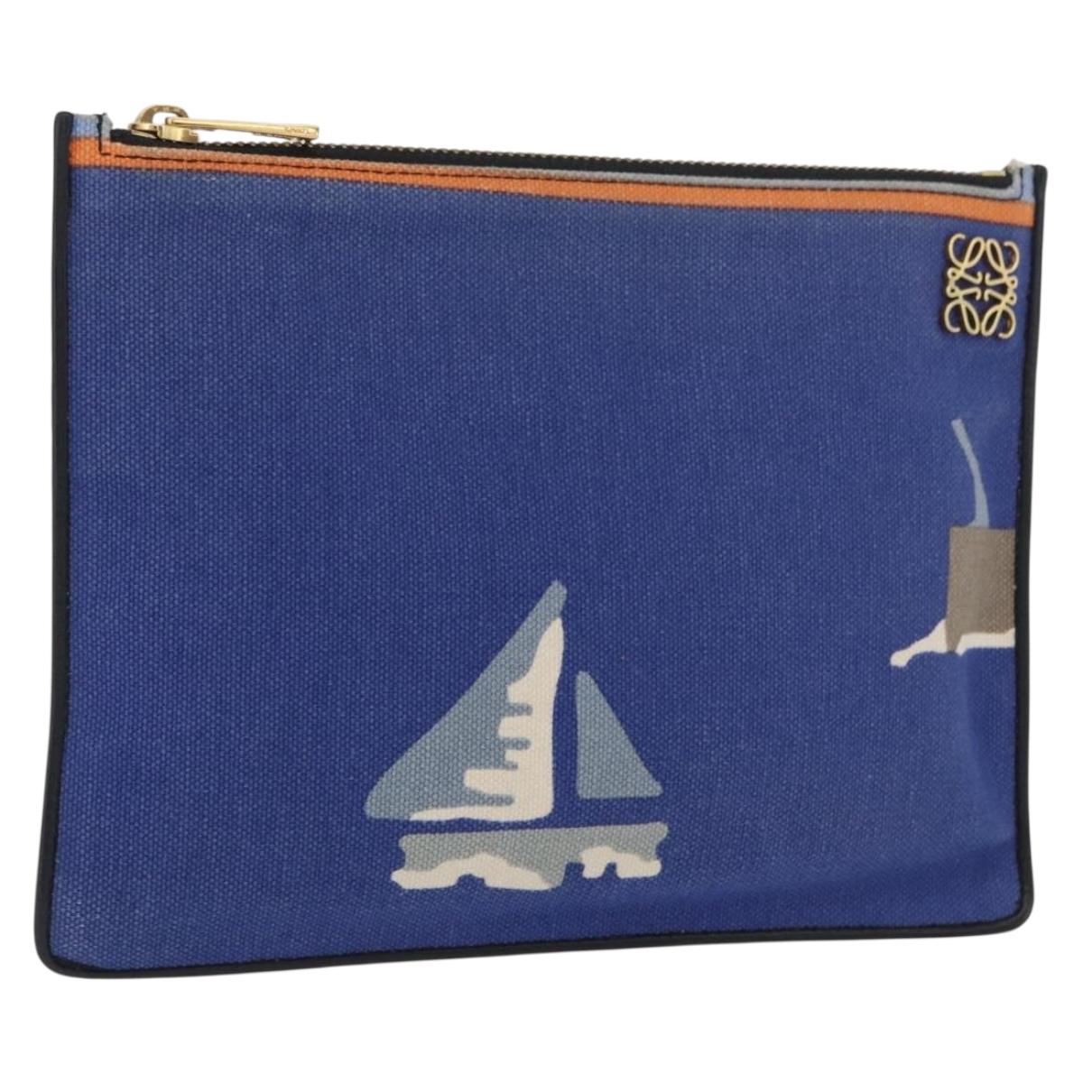 LOEWE Clutch Bag Canvas Blue Gold Auth BA10855
